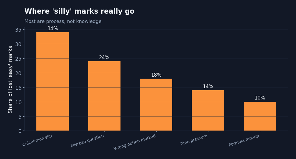 Bar chart breaking down silly mistakes into calculation slips, misreading, wrong option, time pressure and formula mix-ups
