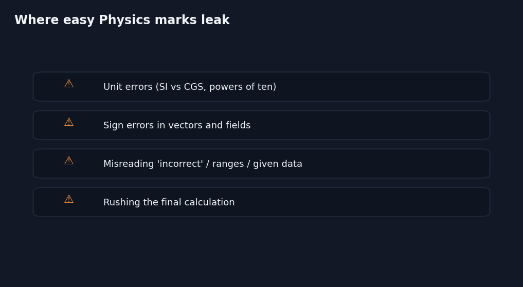 Infographic of common JEE Physics mistakes: unit errors, sign errors, misread data