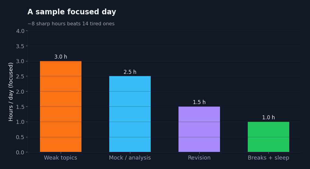 Bar chart of a sample JEE study day split into weak topics, mock analysis, revision and rest