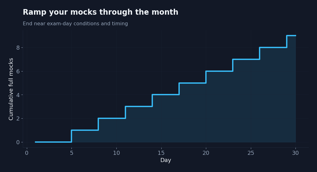 Step chart showing cumulative full mock tests increasing through the final 30 days